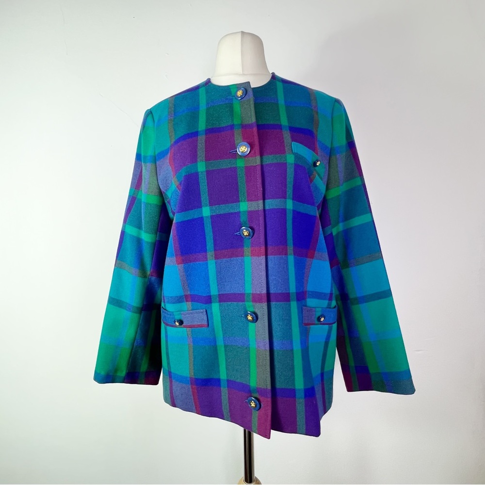 Vintage Avoca Made in Ireland Purple & Green Checked Wool Jacket Size S - Picture 1 of 11